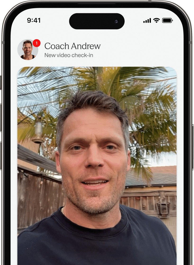 A smartphone screen displays a video check-in notification from 'Coach Andrew', a man with short brown hair outdoors with palm trees in the background. A nearby chat bubble reads, '168极速体彩赛车官网历史记录最新直播结果通过168彩网免费提供:福彩168查询官网全年历史直播记录、168体彩网极速中国赛车官方.'
